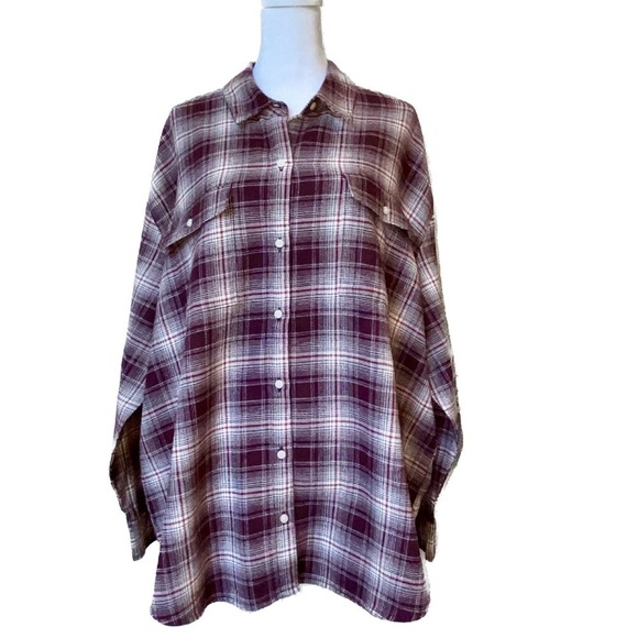 OLD NAVY Loose Flannel Boyfriend Shirt Burgandy and White Size XL - Picture 3 of 8